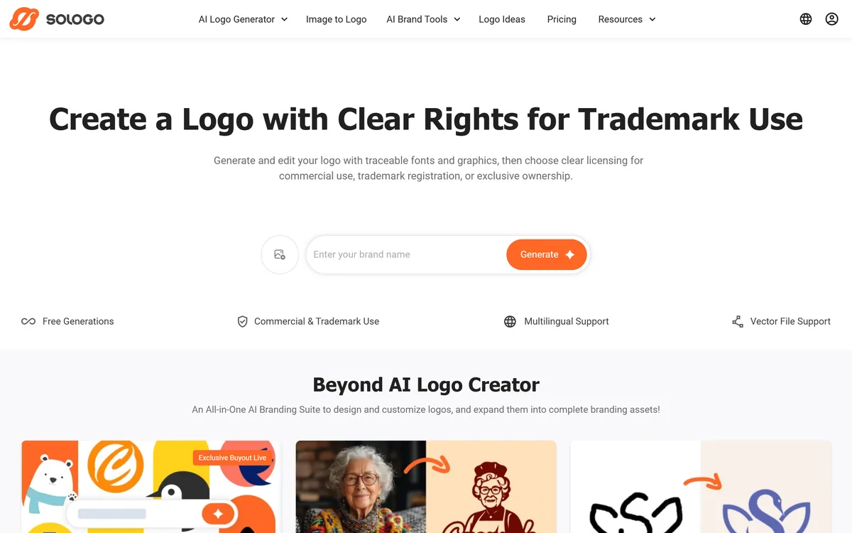 SologoAI homepage showing its AI logo generator and licensing options