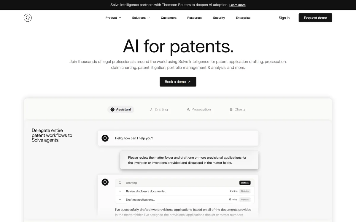 Solve Intelligence's homepage describing AI for patent drafting, prosecution and portfolio work