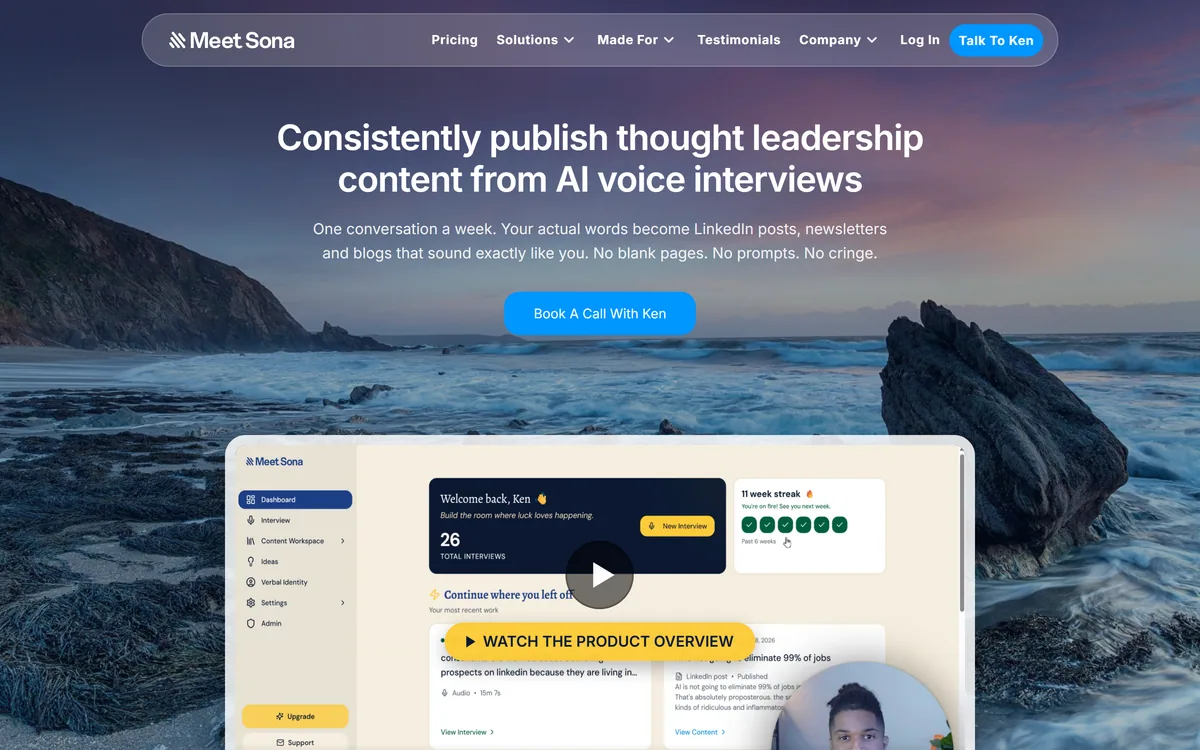 Meet Sona's homepage describing voice interviews that become LinkedIn posts, articles and newsletters