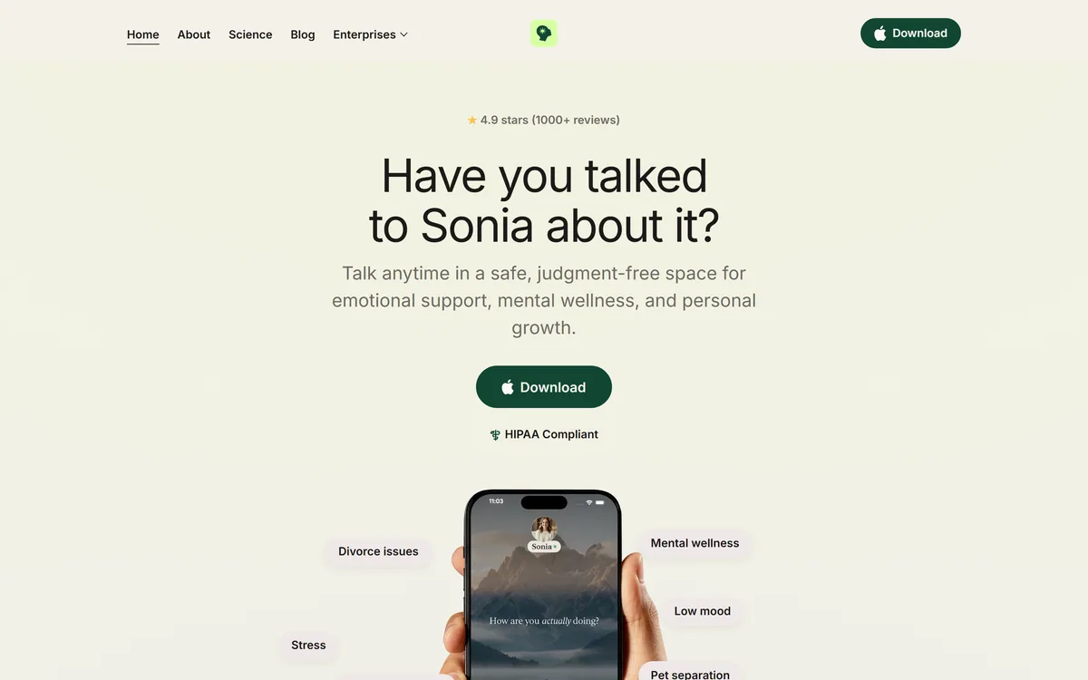 The Sonia homepage describing a private AI space for emotional support