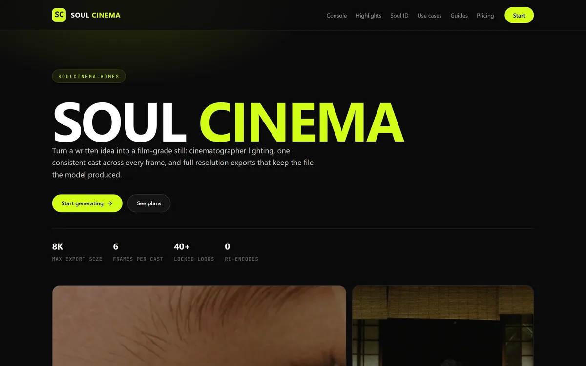 The soulcinema.homes homepage with the Soul Cinema headline and its 8K, six-frame and 40-plus-looks figures