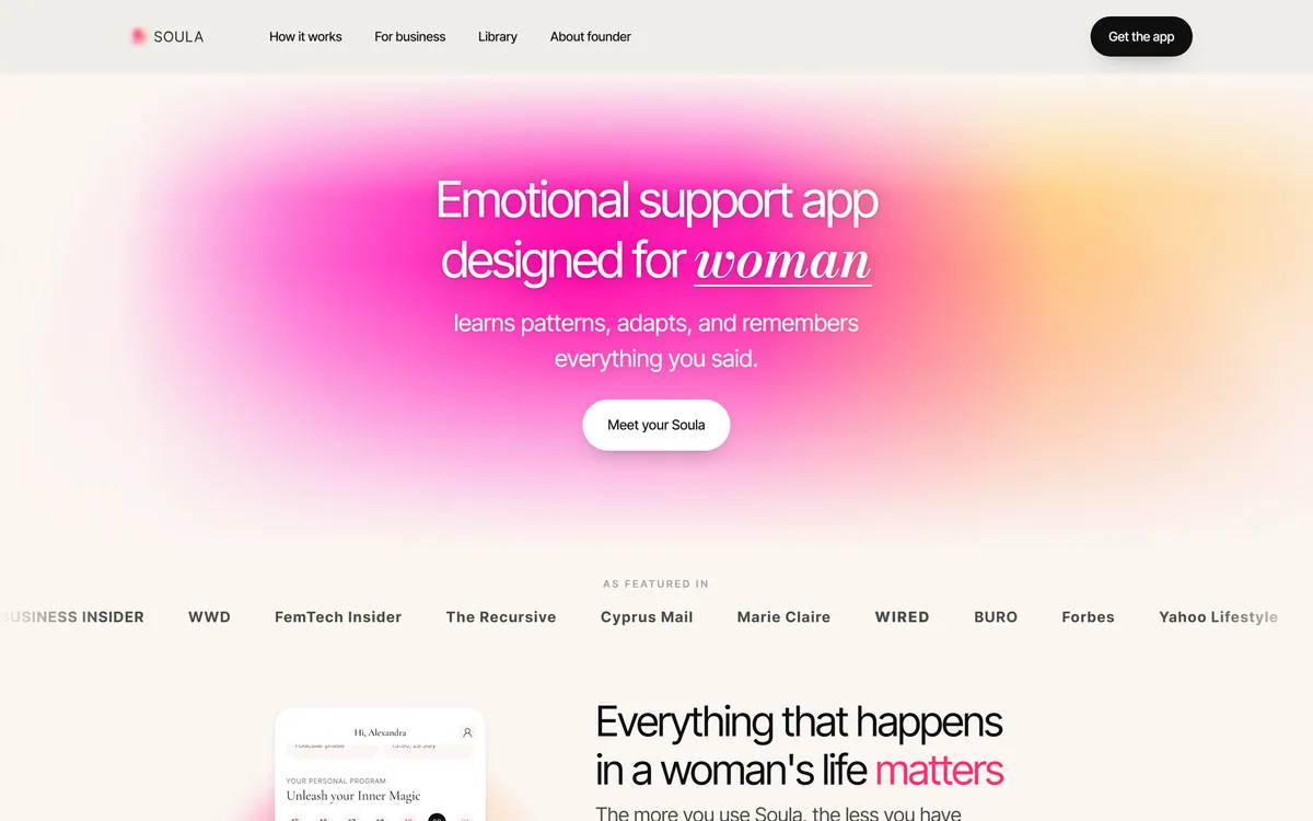 Soula homepage presenting an AI emotional support companion for women