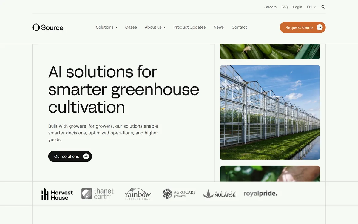 Source.ag homepage showing AI software for greenhouse cultivation