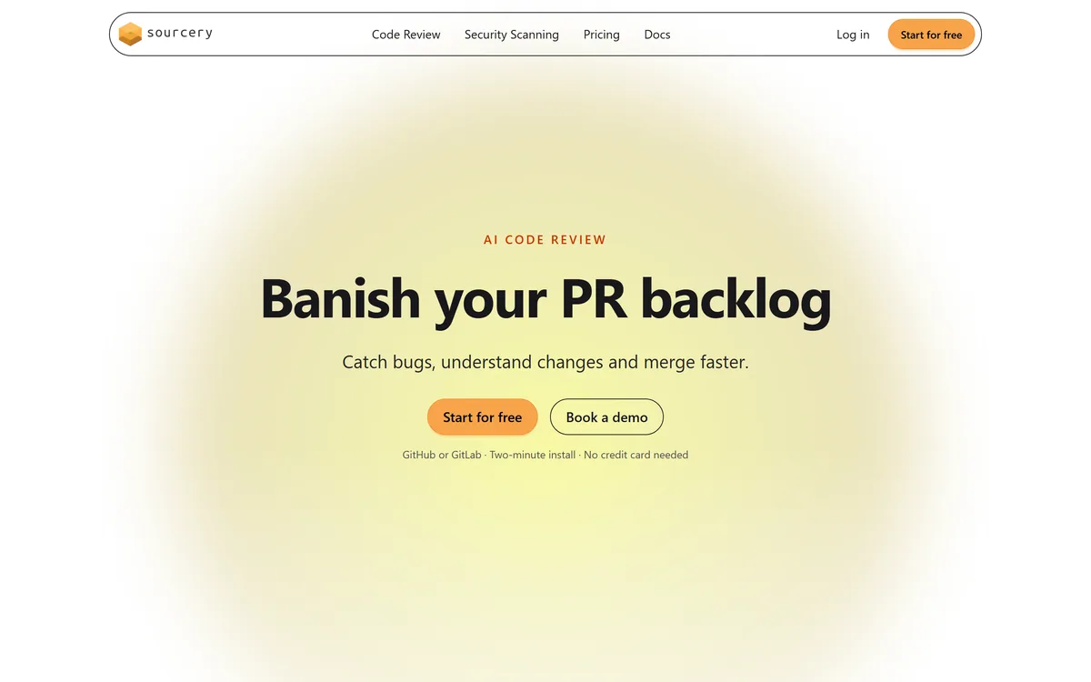 The Sourcery homepage showing AI code review posting fixes on a pull request