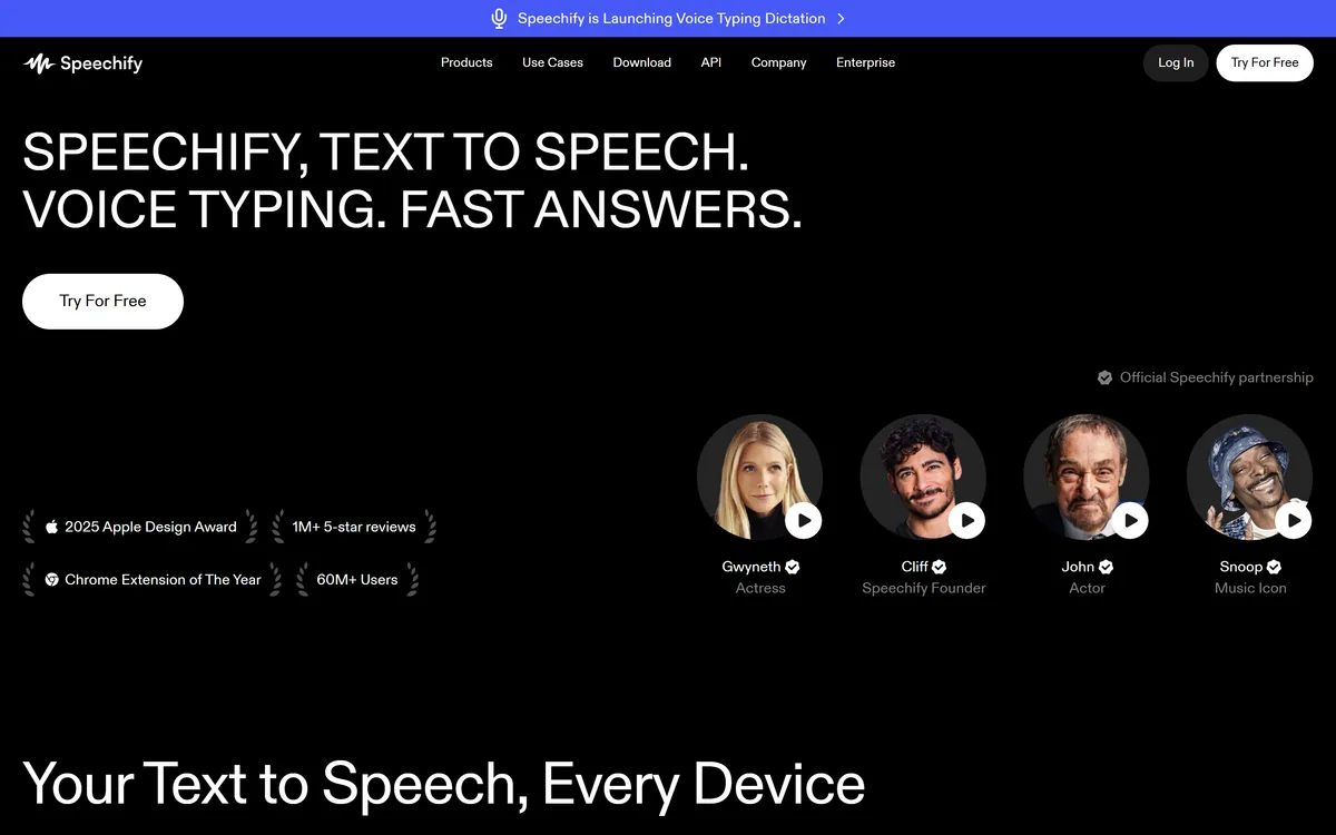 The Speechify homepage describing text to speech and voice typing across devices