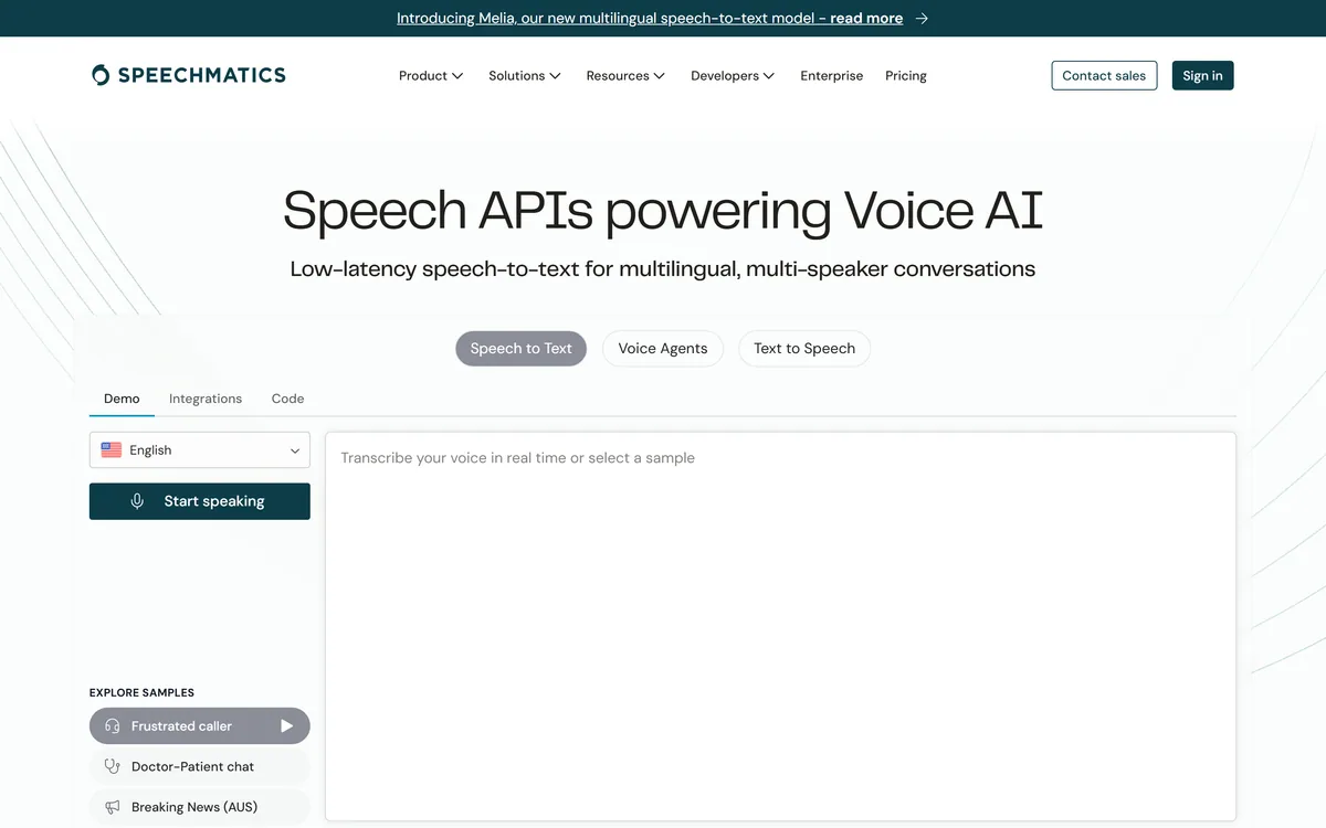 Speechmatics' homepage describing a low-latency speech-to-text API for conversational audio