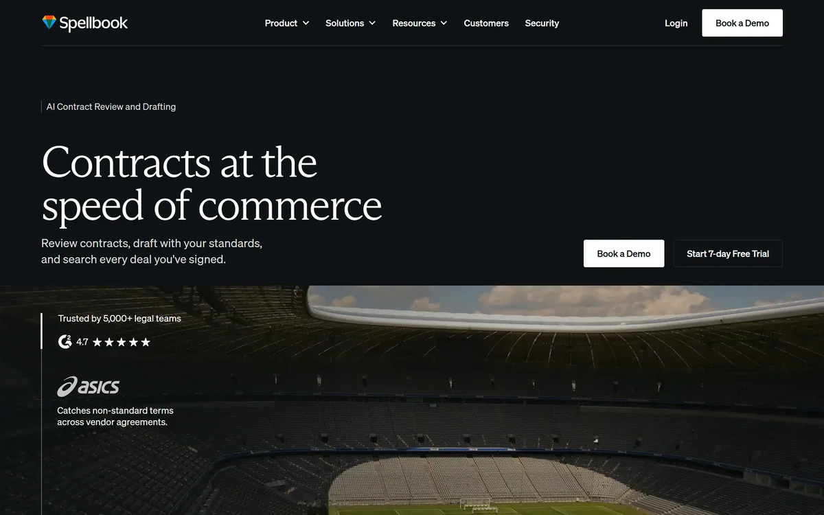 Spellbook homepage showing AI contract review and drafting
