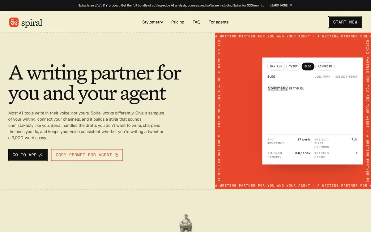 Spiral's homepage describing an AI writing tool that uses stylometry to match a writer's own voice