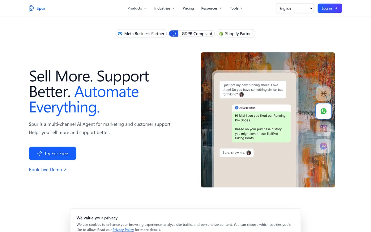 Spur homepage showing its multi-channel AI agent for commerce