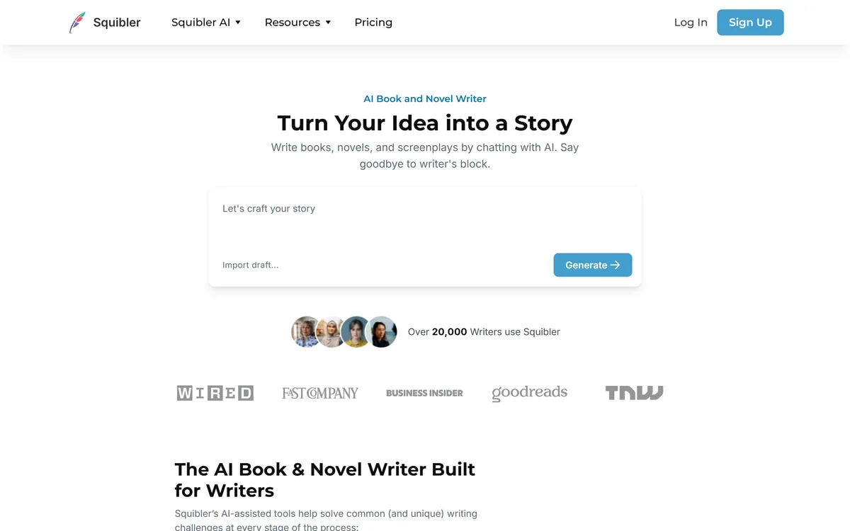 Squibler's homepage offering an AI book and novel writer that turns an idea into a story