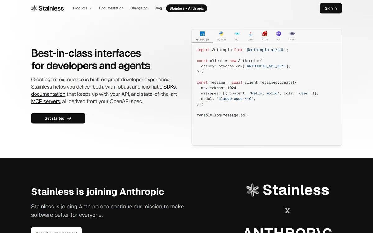 Stainless homepage showing generated SDK code across languages