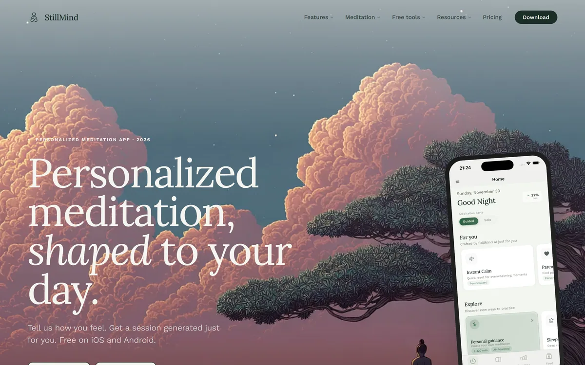 StillMind's website describing personalised AI-generated meditation sessions for anxiety, sleep and stress