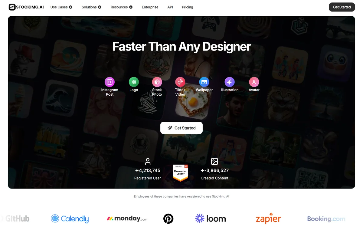 Stockimg AI's homepage showing its AI generators for logos, illustrations, wallpapers and social media content