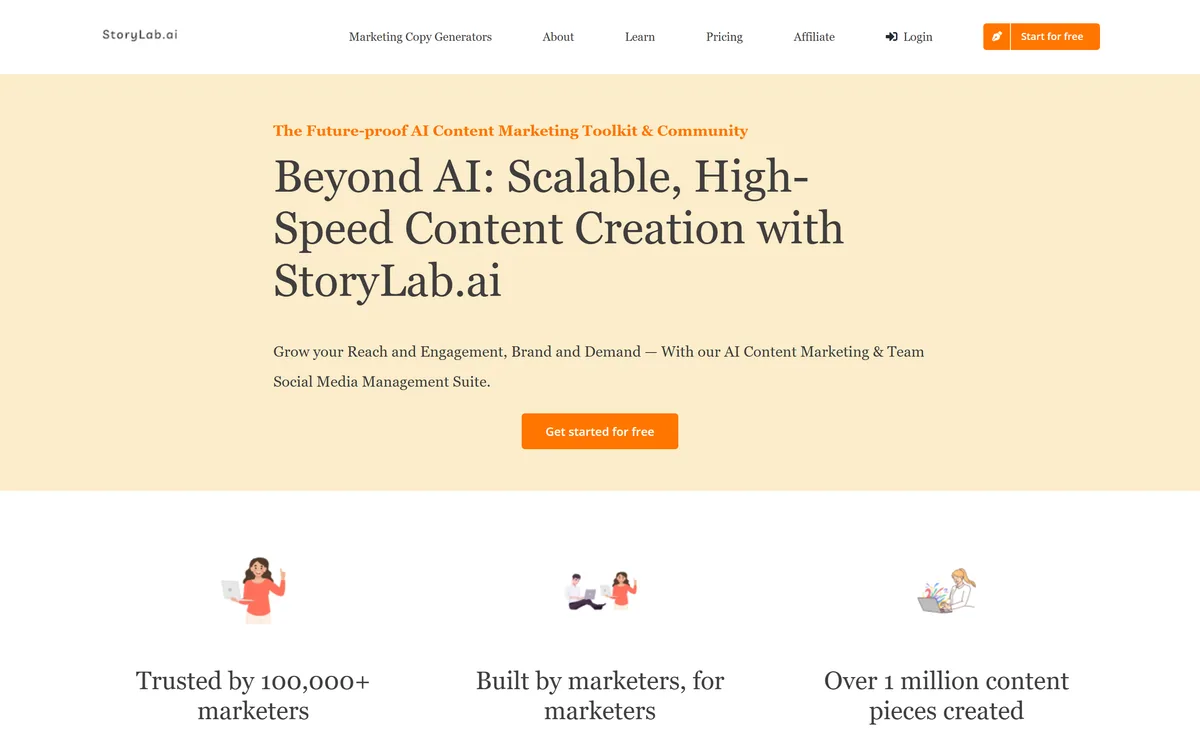 StoryLab.ai homepage showing the AI content creation toolkit and its generators
