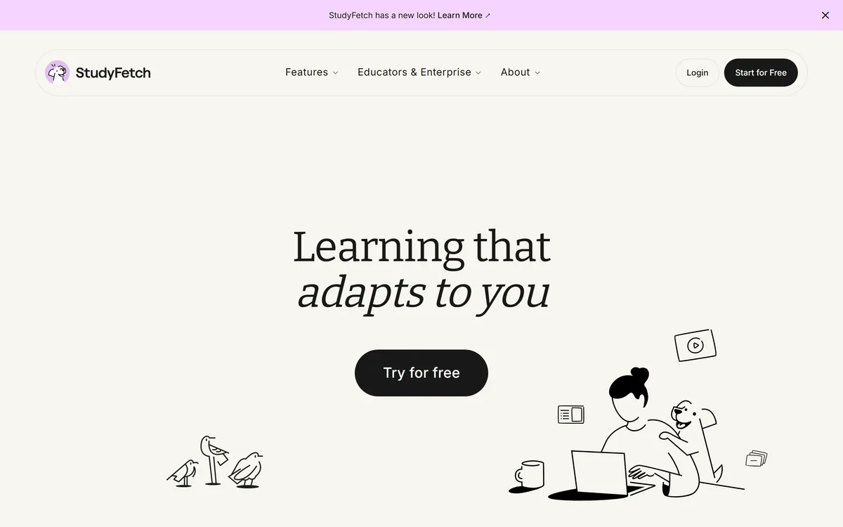 StudyFetch's homepage with the line Learning that adapts to you