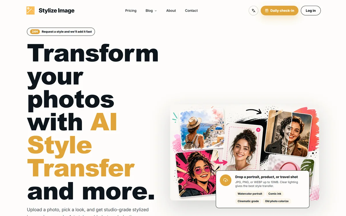 The Stylize Image homepage offering AI style transfer and photo editing