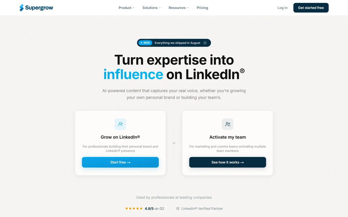 Supergrow homepage showing AI-powered LinkedIn content creation, scheduling and analytics