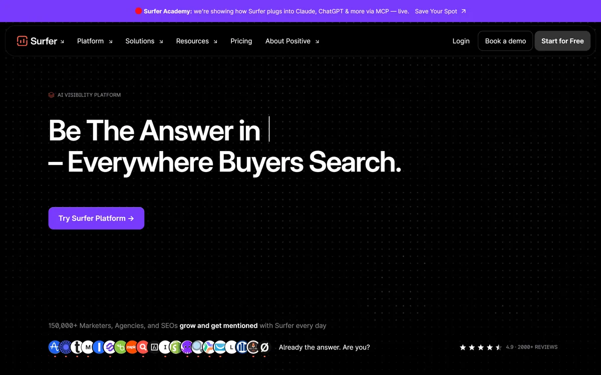 Surfer SEO's homepage presenting it as an AI visibility and content optimisation platform