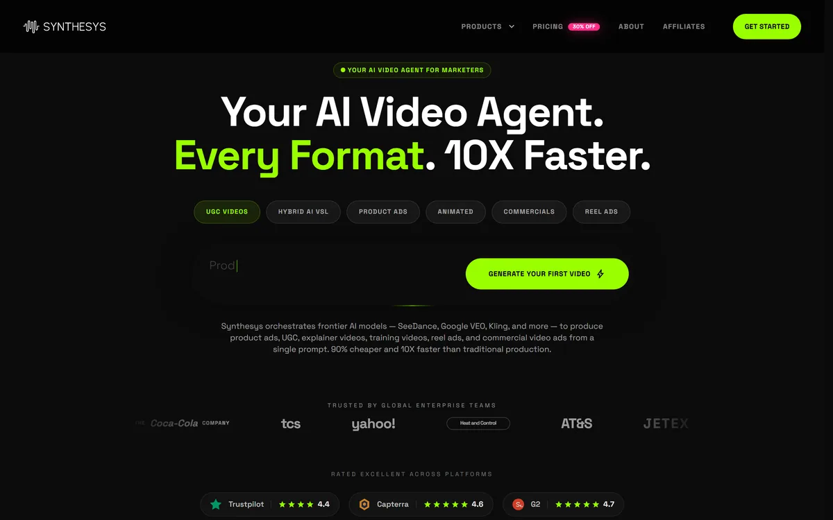 Synthesys homepage showing the AI video agent for marketing teams