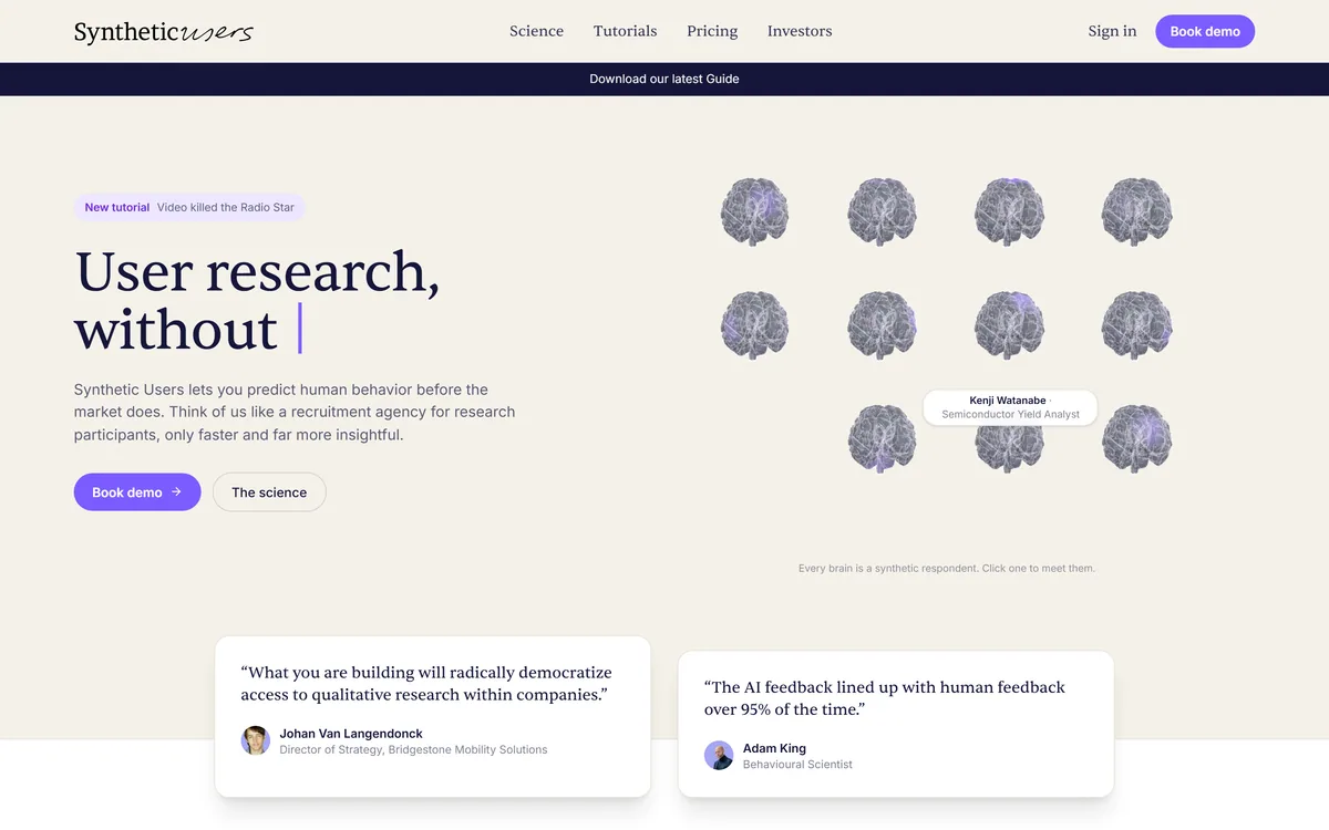 The Synthetic Users homepage describing user research at the speed of AI