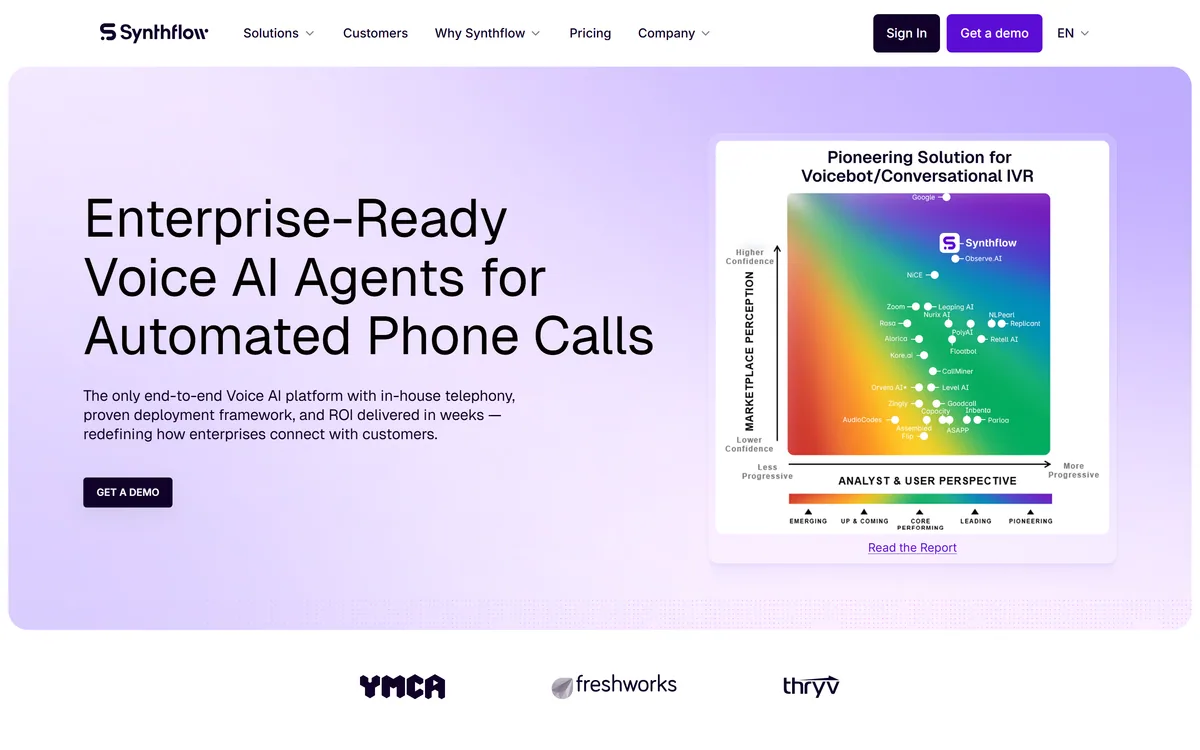 The Synthflow homepage describing voice AI agents for automated phone calls