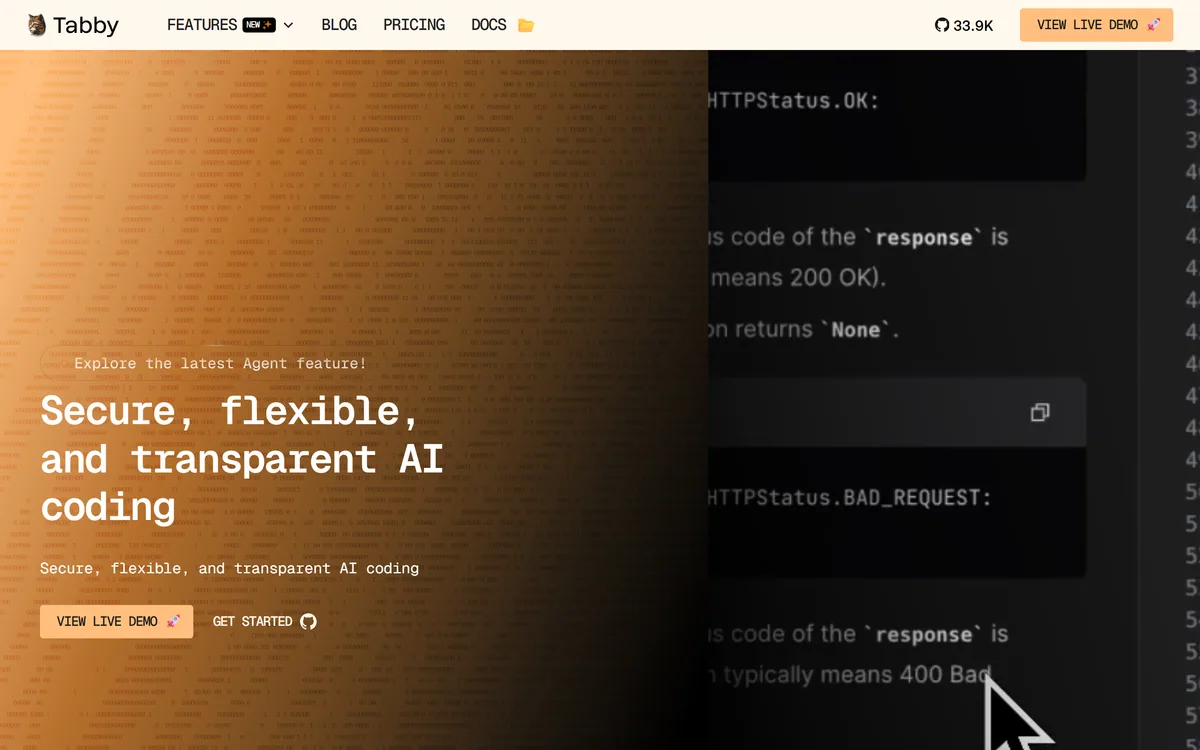 The Tabby homepage describing an open-source self-hosted AI coding assistant