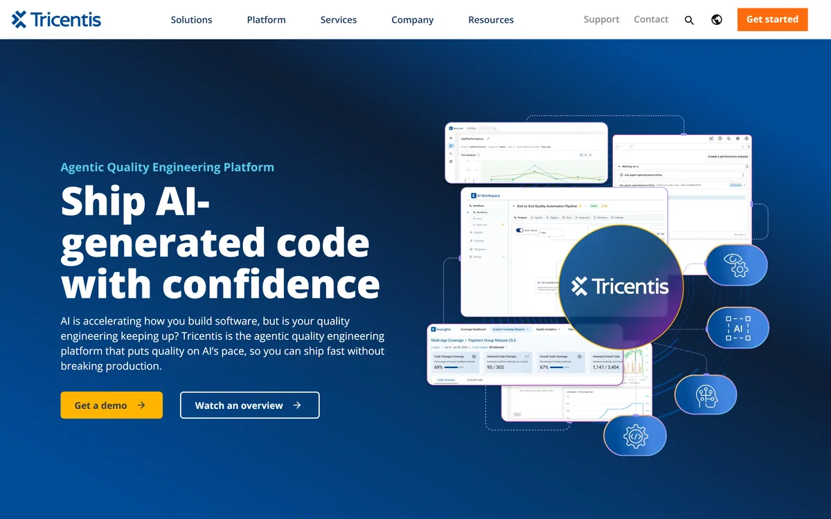 The tabnine.com homepage, now showing the Tricentis agentic quality engineering platform