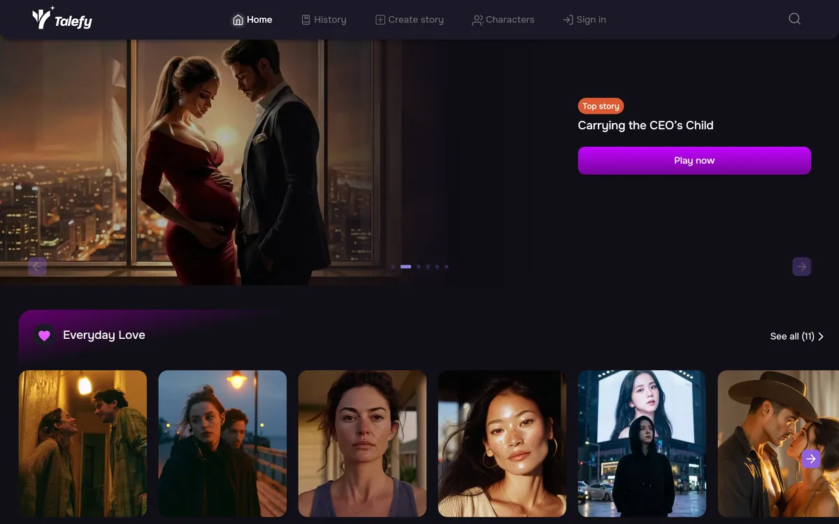 Talefy's homepage describing an AI-powered interactive storytelling platform with branching narratives