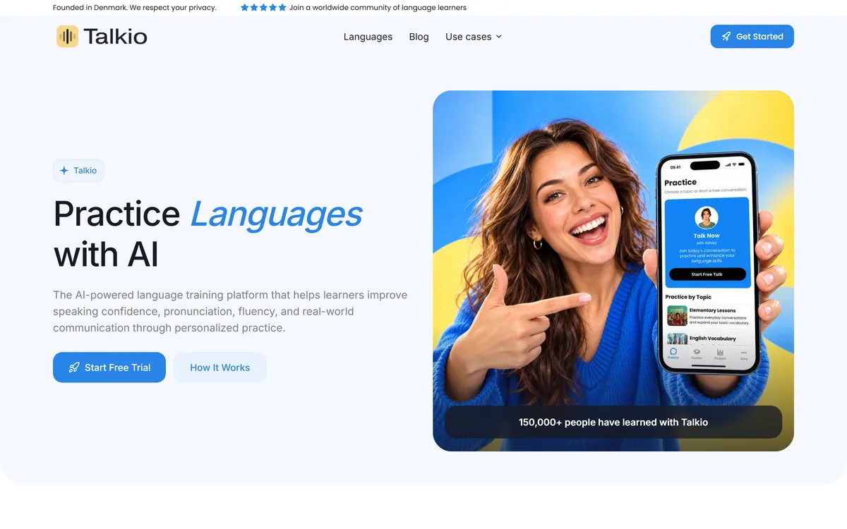 The Talkio AI homepage inviting learners to practise speaking with an AI tutor