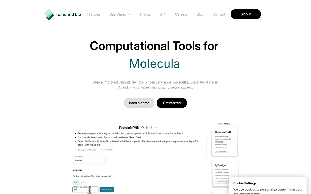 The Tamarind Bio homepage describing AI infrastructure for biotech R&D