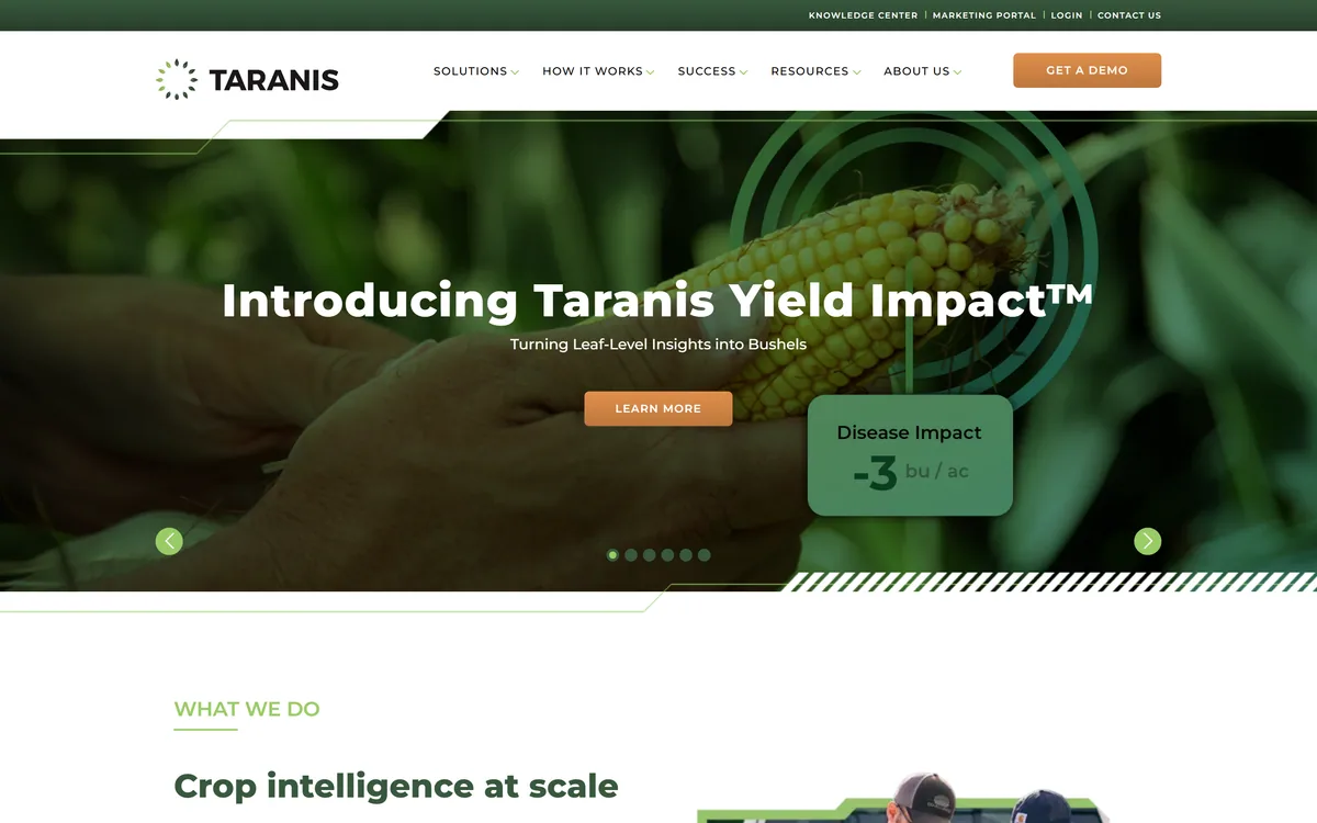 Taranis homepage showing the AI crop intelligence platform and leaf-level imagery