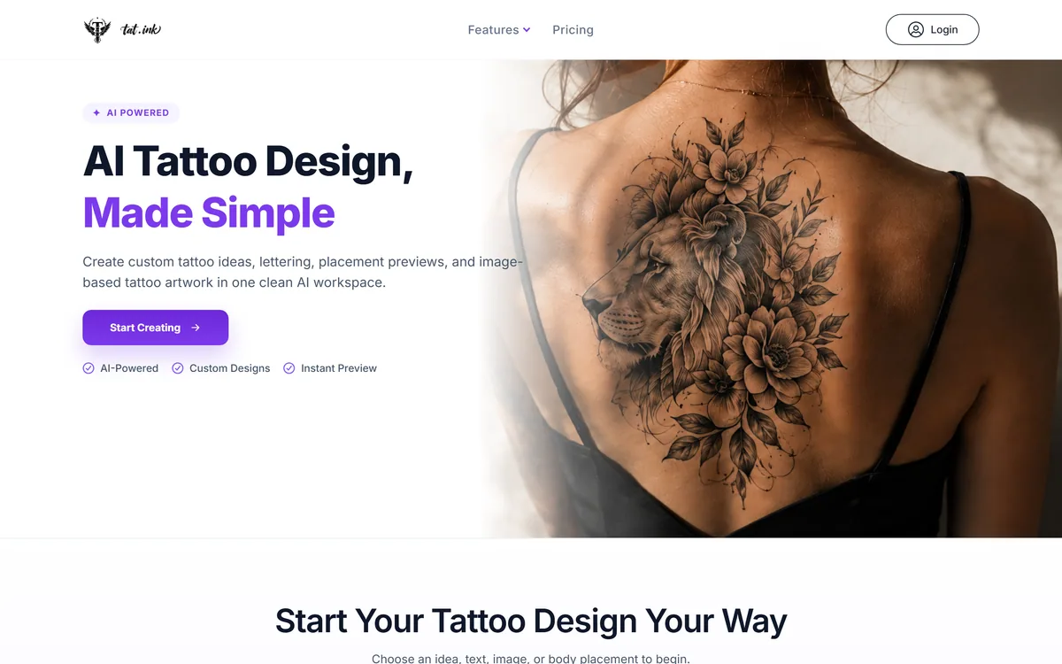 The Tat Ink homepage describing an AI tattoo design platform
