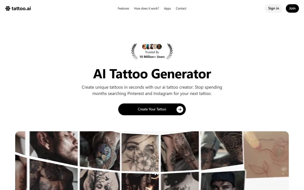 Tattoo AI homepage showing the AI tattoo generator