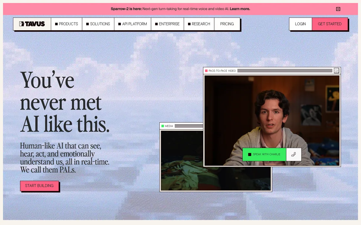 Tavus homepage introducing PALs, its conversational video agents