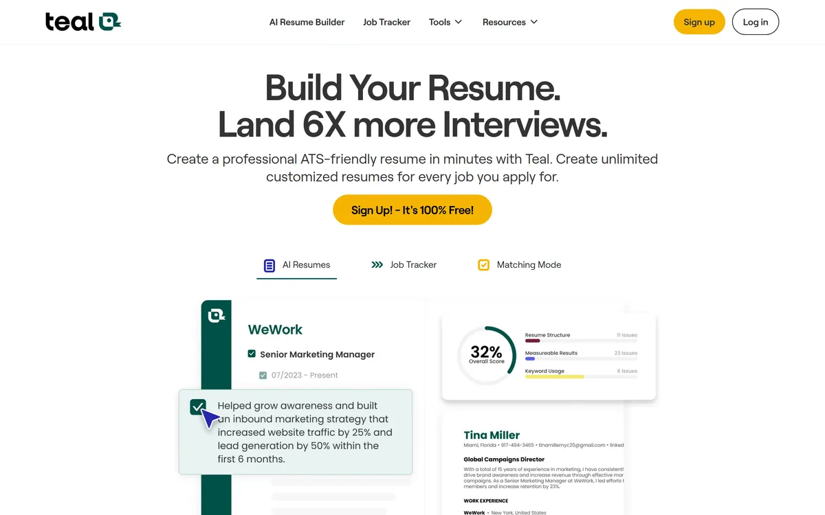 Teal homepage showing the AI resume builder and job tracker