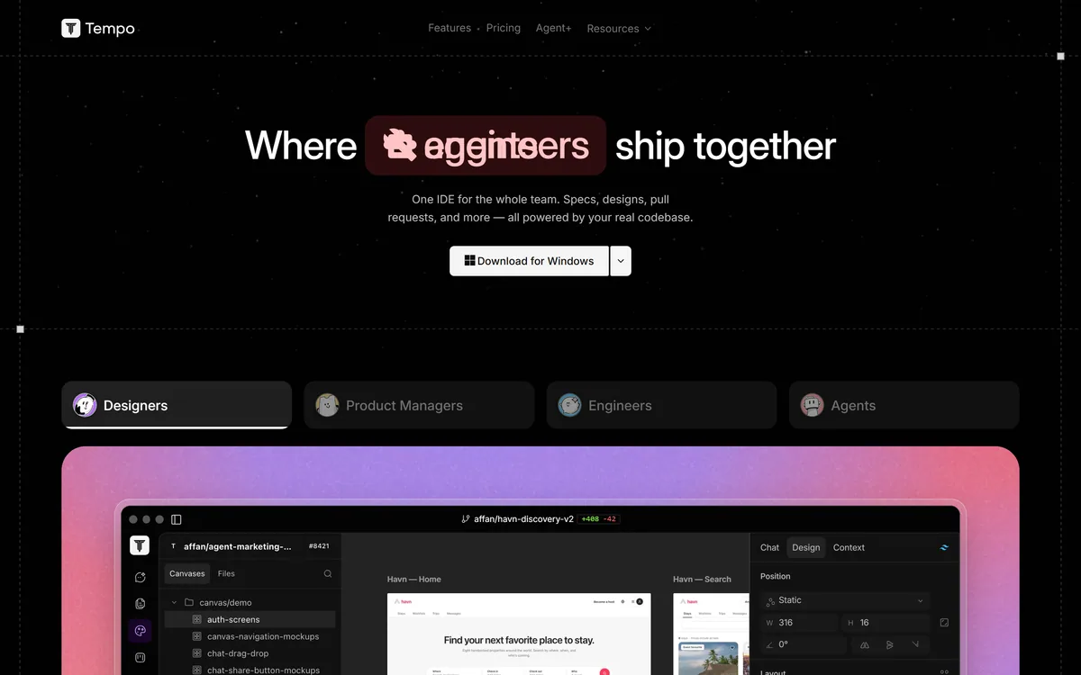 Tempo homepage showing the IDE built for designers, product managers and engineers