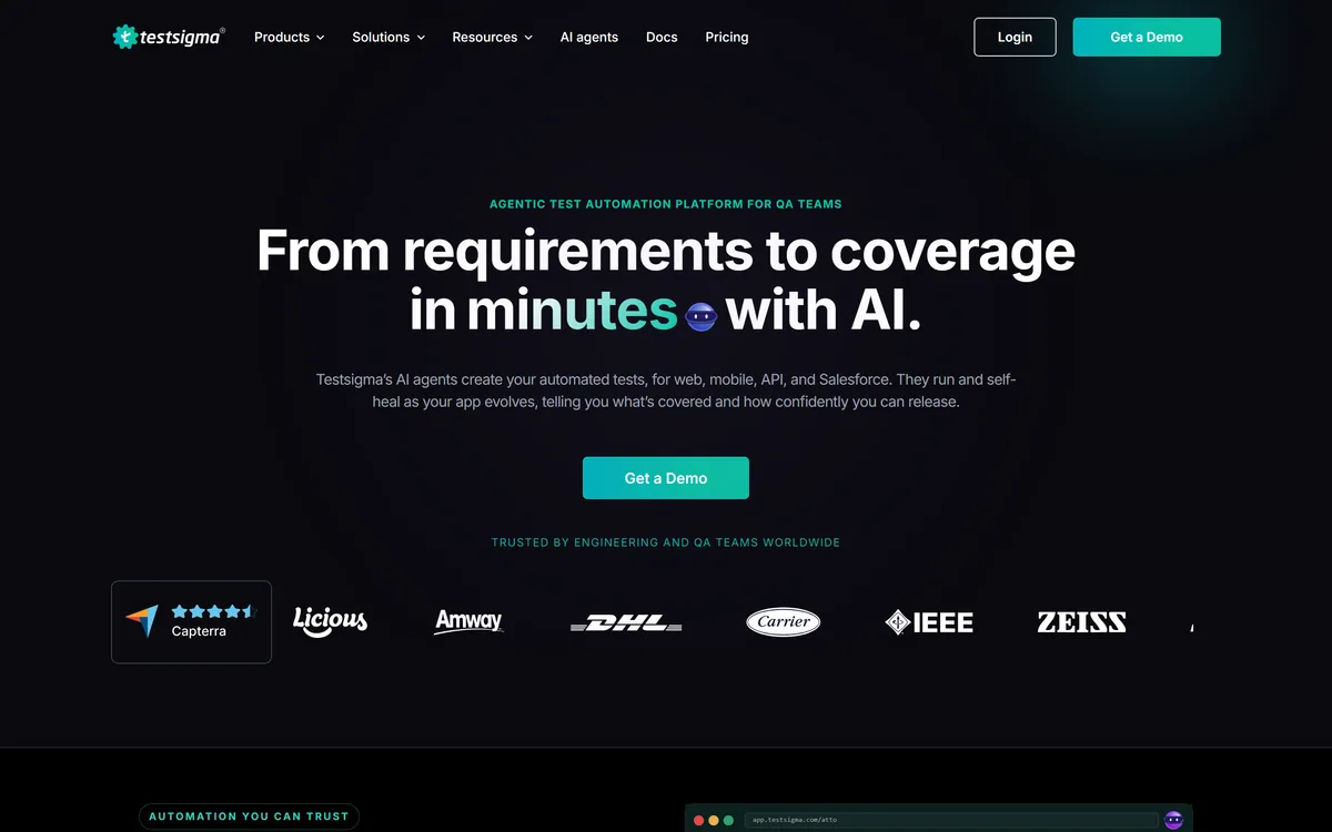 Testsigma homepage showing the agentic test automation platform