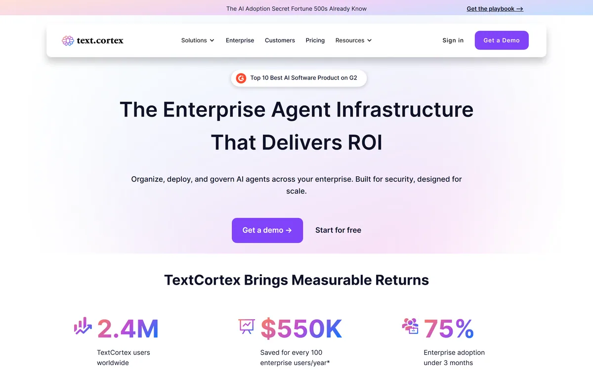 TextCortex homepage showing enterprise agent infrastructure