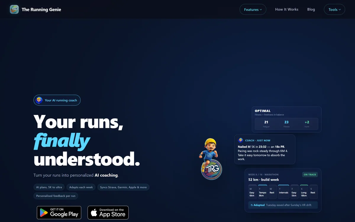 The Running Genie's homepage describing an AI running coach with adaptive training plans and run analysis