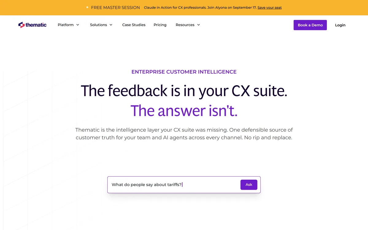 Thematic homepage showing the customer intelligence layer for CX