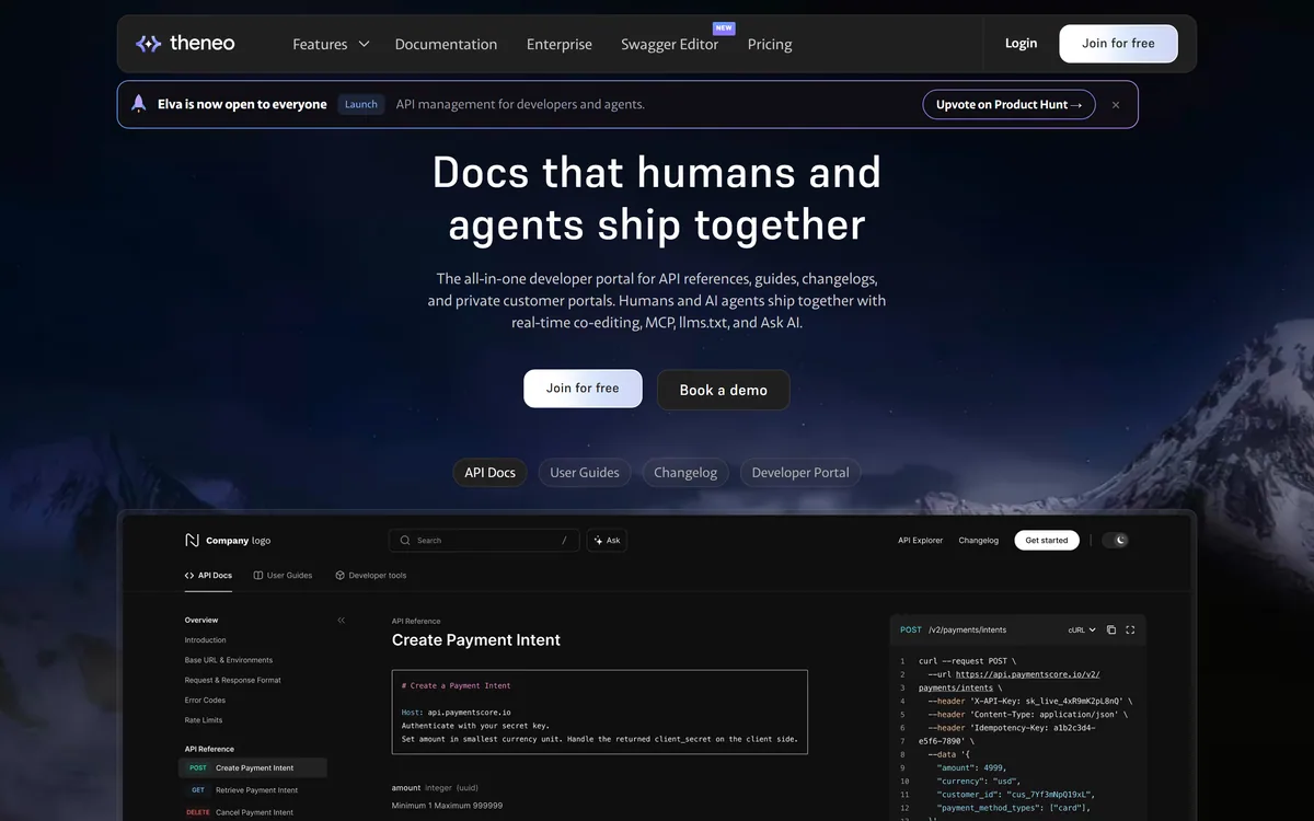 The Theneo homepage describing API docs that humans and agents ship together