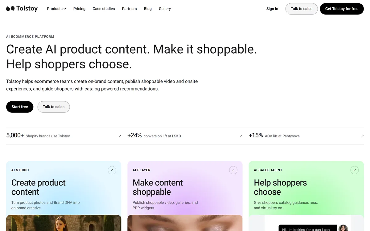 The Tolstoy homepage describing an AI ecommerce platform for shoppable content