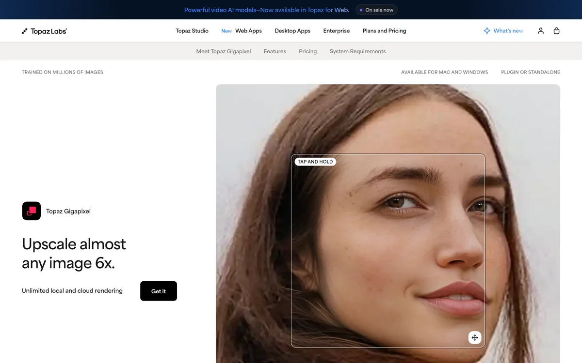 The Topaz Gigapixel page describing an AI image upscaler