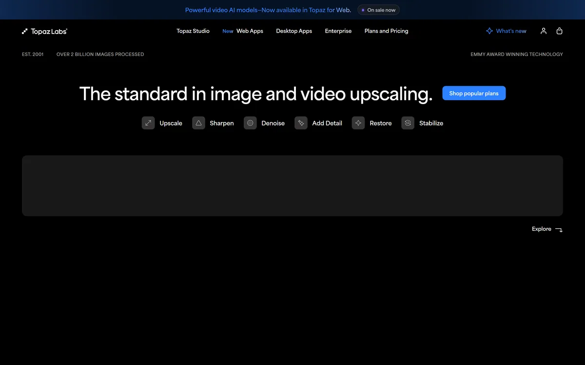 The Topaz Labs homepage describing professional AI photo and video enhancement