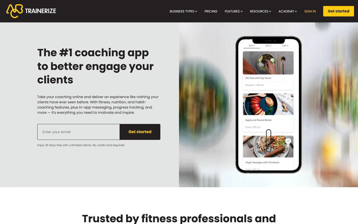 ABC Trainerize homepage showing its personal training coaching app