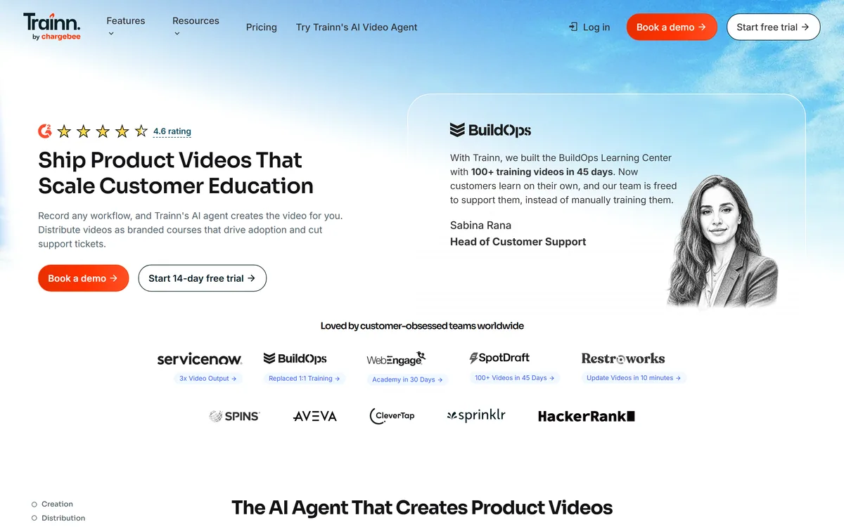 Trainn homepage showing its customer education platform for SaaS