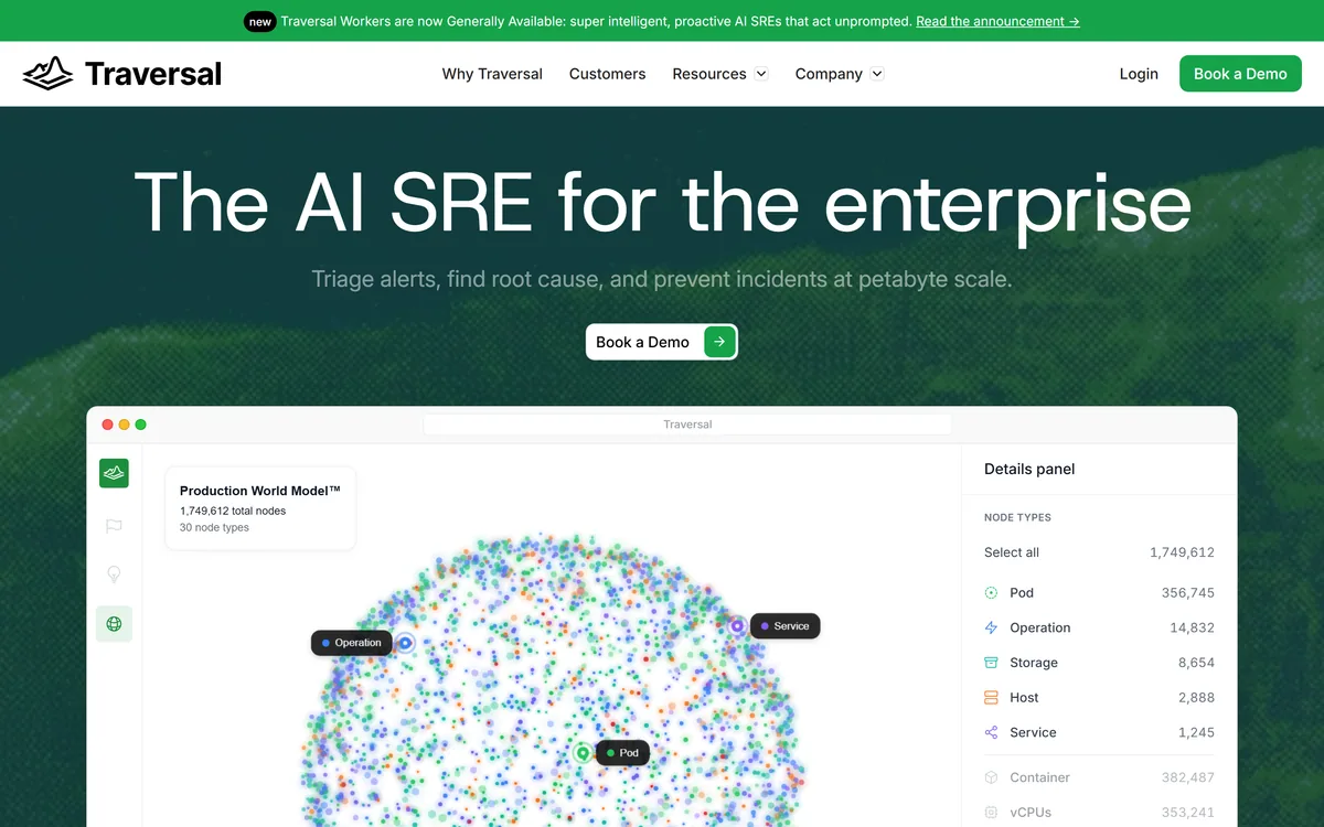 Traversal's homepage describing an AI site reliability engineering platform for incident root cause analysis