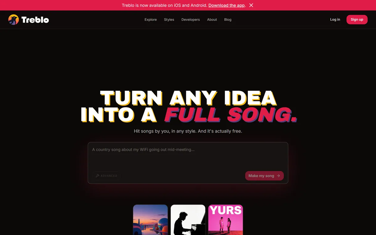 Treblo's homepage reading "Turn any idea into a full song" above a prompt box with the example "A country song about my WiFi going out mid-meeting"