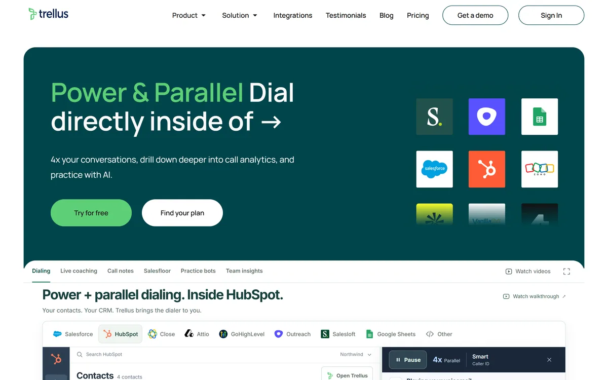 The Trellus homepage describing an AI dialer for Salesloft, Outreach and HubSpot
