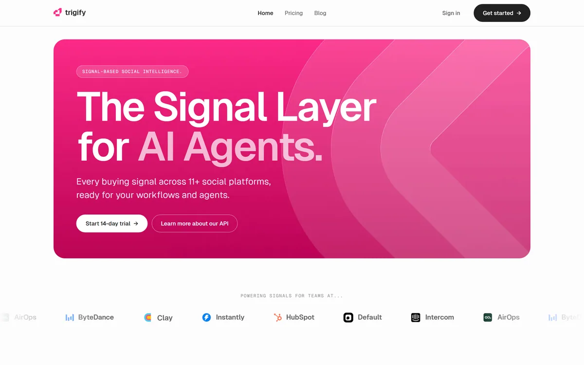 Trigify homepage showing GTM signal intelligence across social platforms